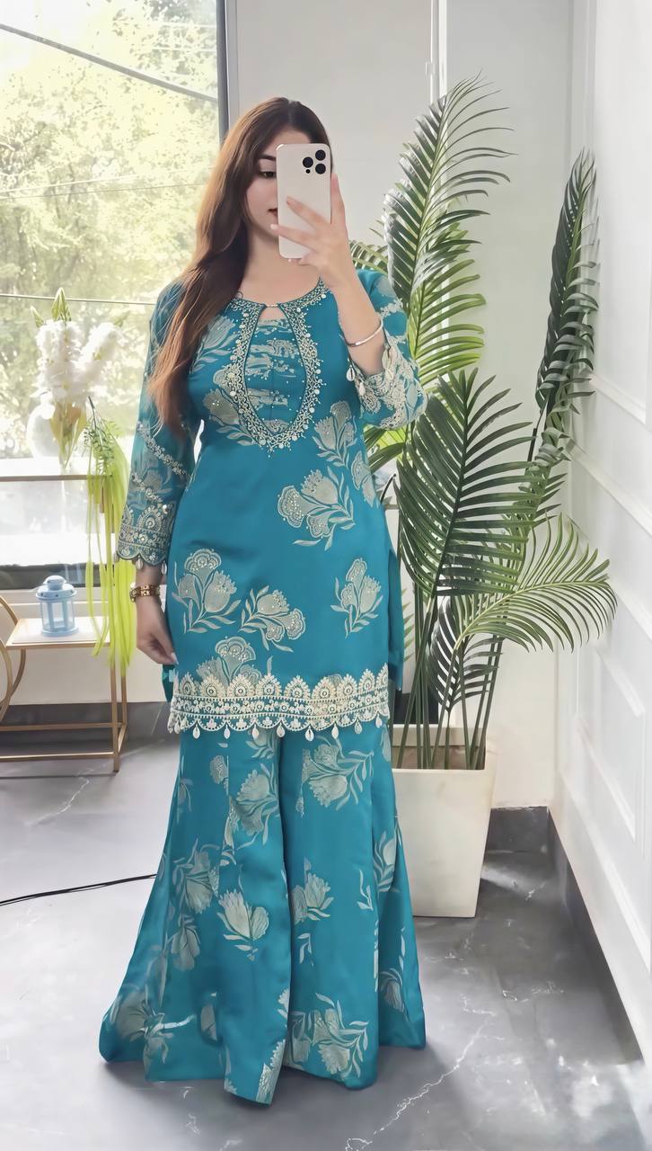 Women's Faux Georgette Sharara Suit Set with Coding Stitch Embroidery