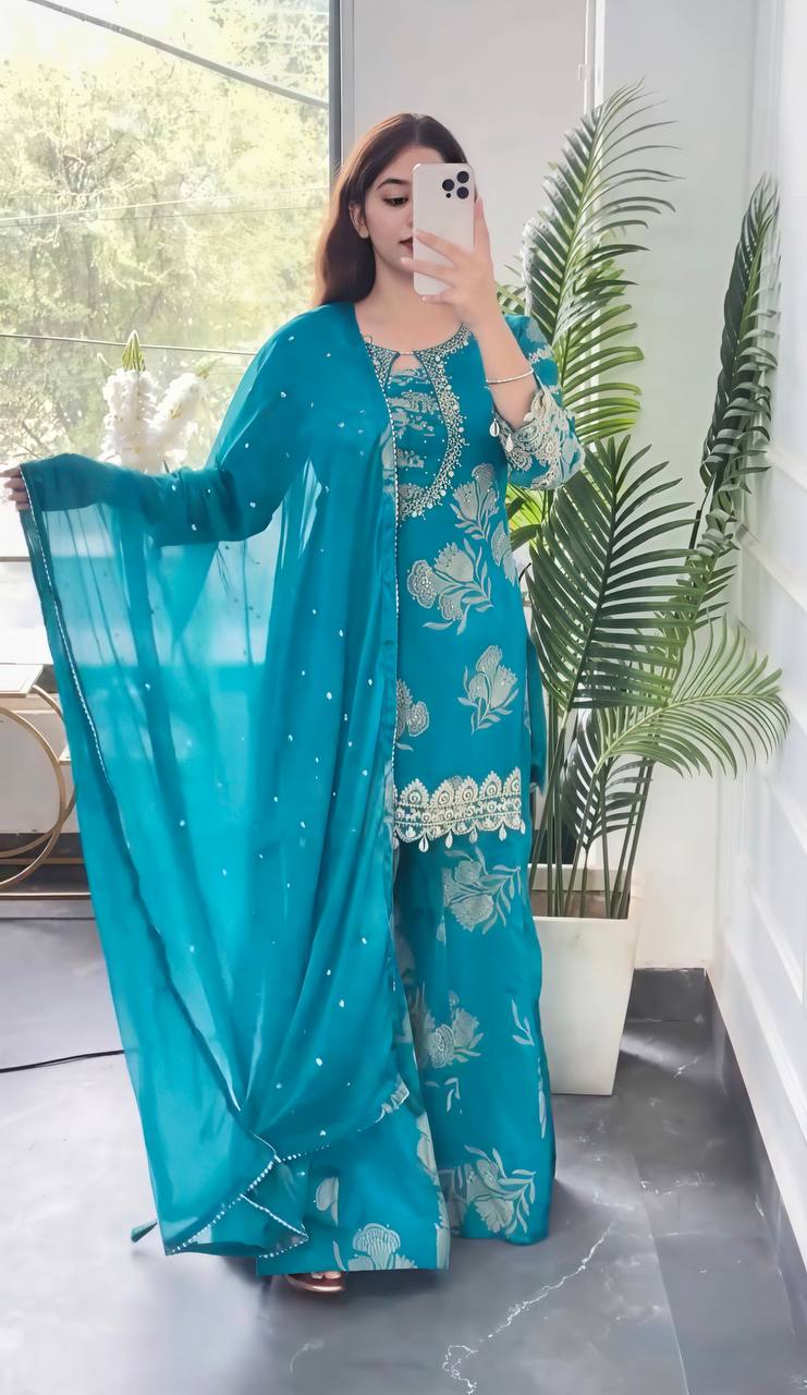Women's Faux Georgette Sharara Suit Set with Coding Stitch Embroidery