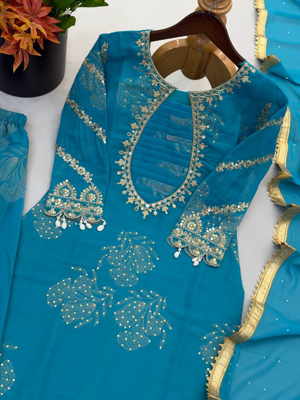 Women's Faux Georgette Sharara Suit Set with Coding Stitch Embroidery