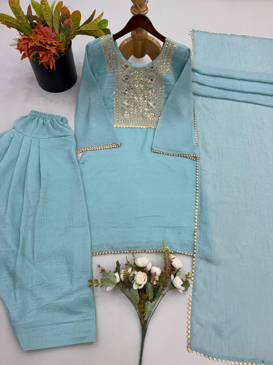 Premium Heavy Crunchy Silk Embroidered Kurta Farshi Set