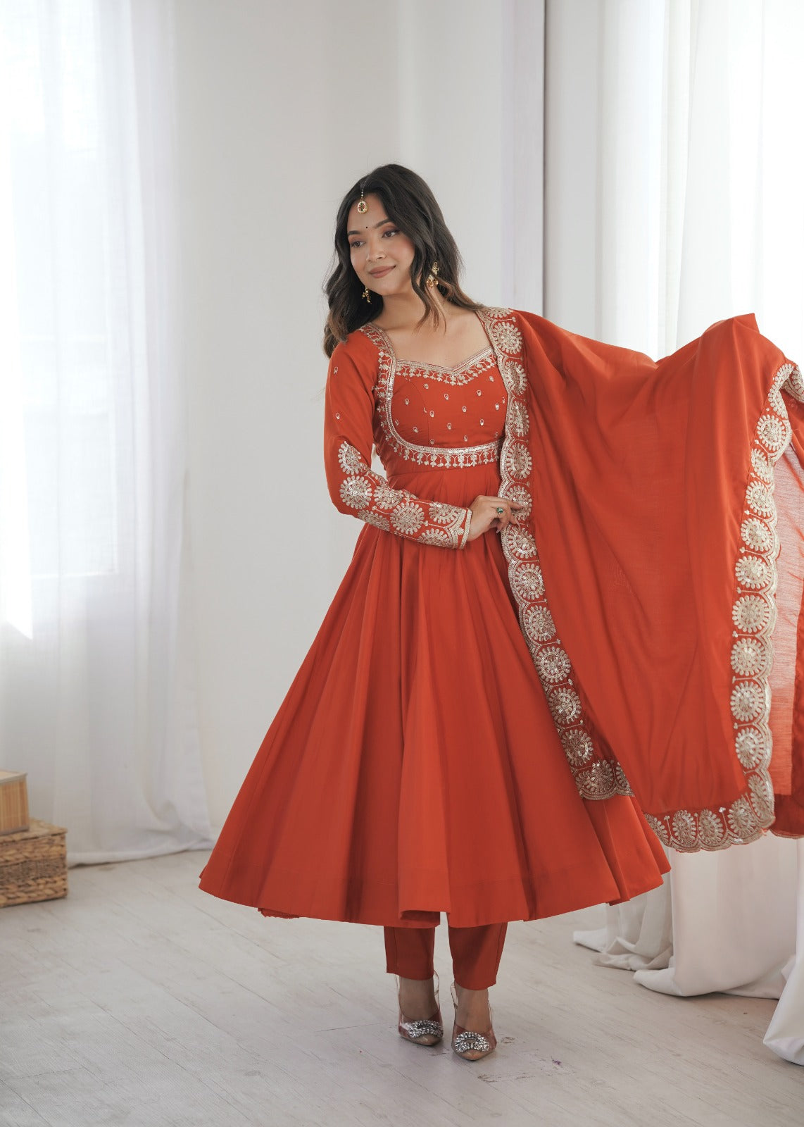 Women's Roman Silk Sequins Embroidered Anarkali Three-Piece Set