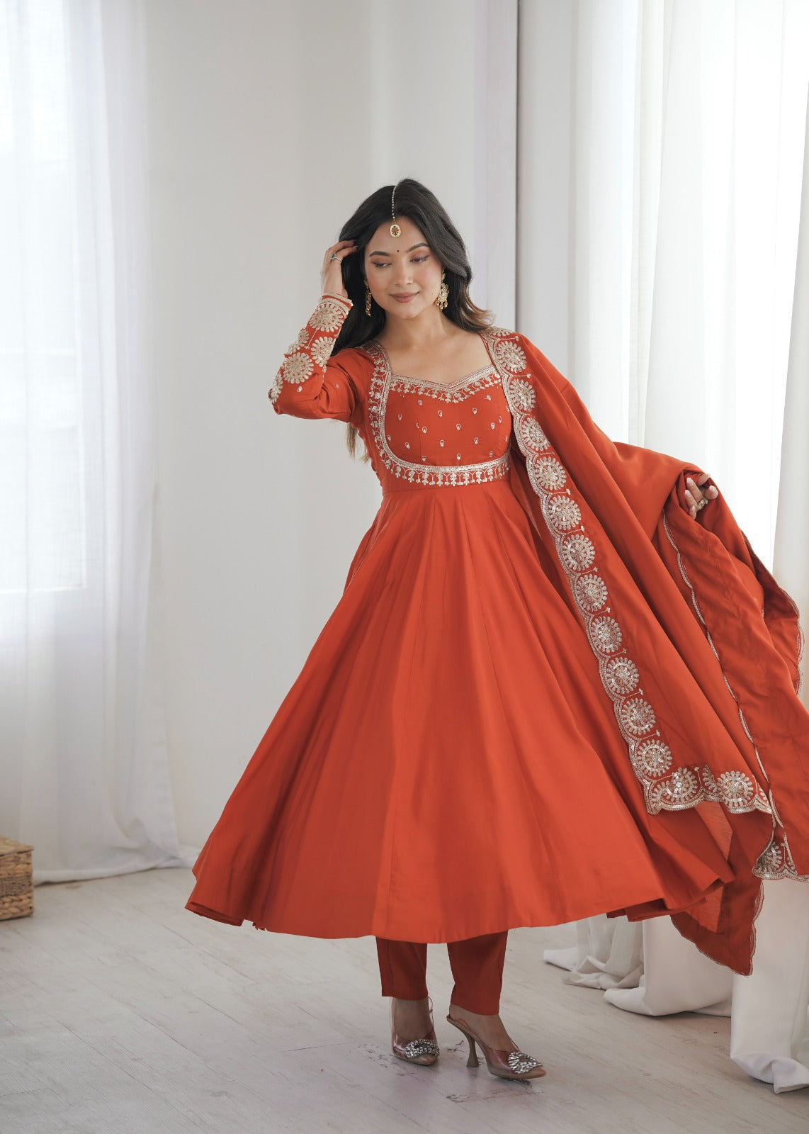 Women's Roman Silk Sequins Embroidered Anarkali Three-Piece Set