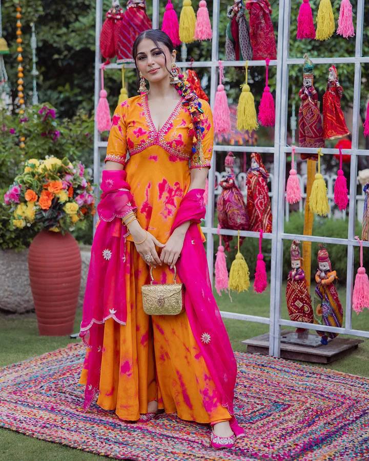 French Crepe Printed Embroidered Top Palazzo Dupatta Set for Women