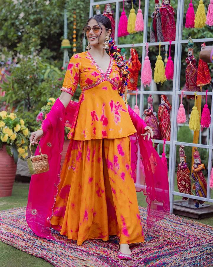 French Crepe Printed Embroidered Top Palazzo Dupatta Set for Women
