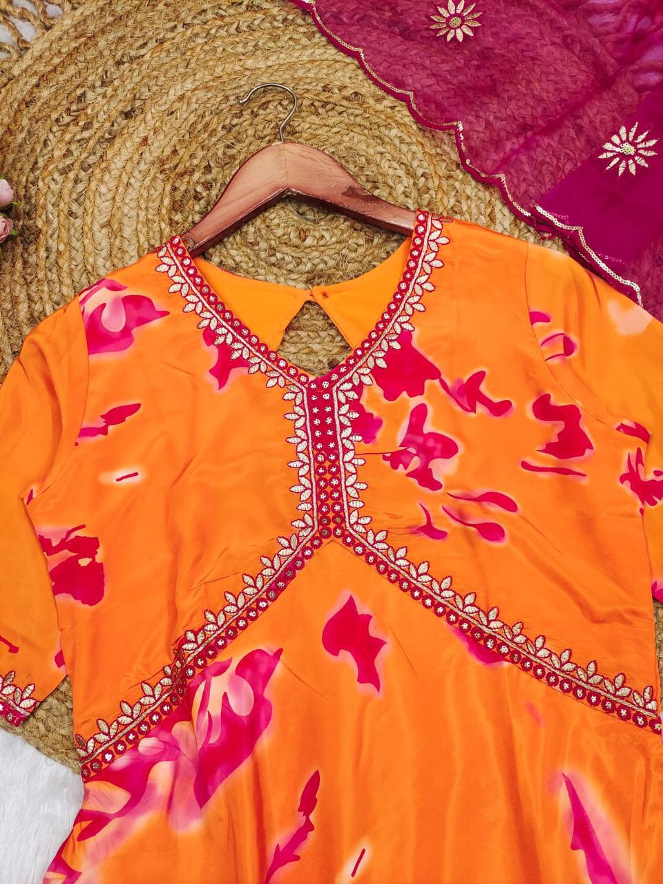 French Crepe Printed Embroidered Top Palazzo Dupatta Set for Women
