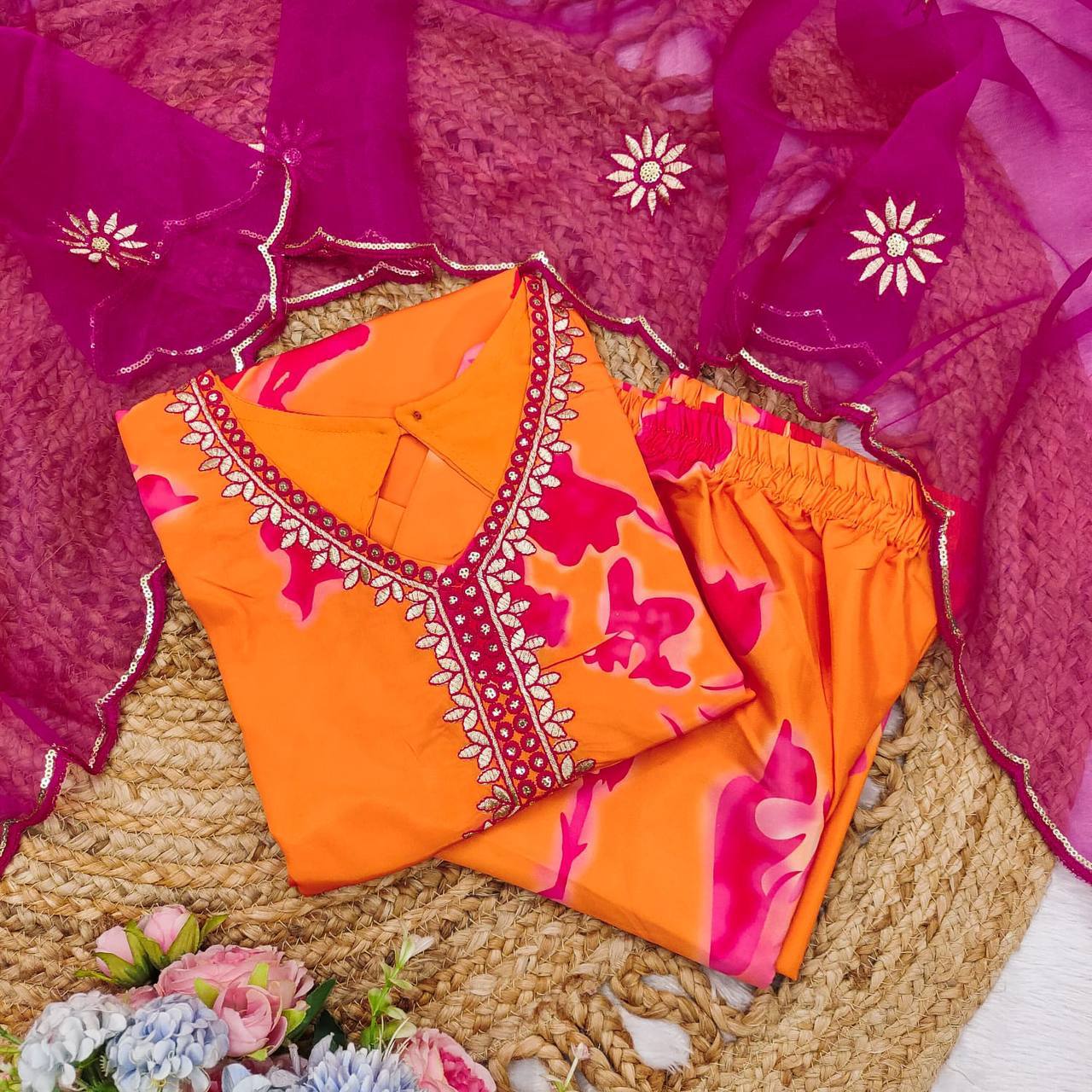 French Crepe Printed Embroidered Top Palazzo Dupatta Set for Women