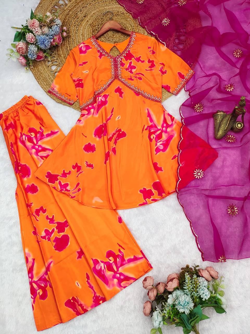 French Crepe Printed Embroidered Top Palazzo Dupatta Set for Women