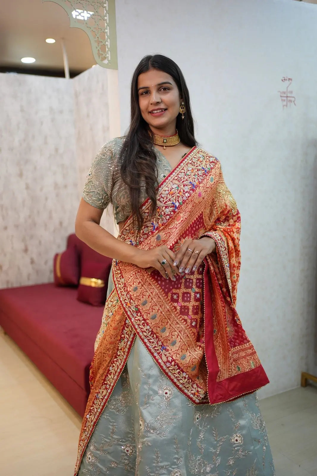 Pila Bandhani Dupatta with Heavy Zari & Embroidery Work
