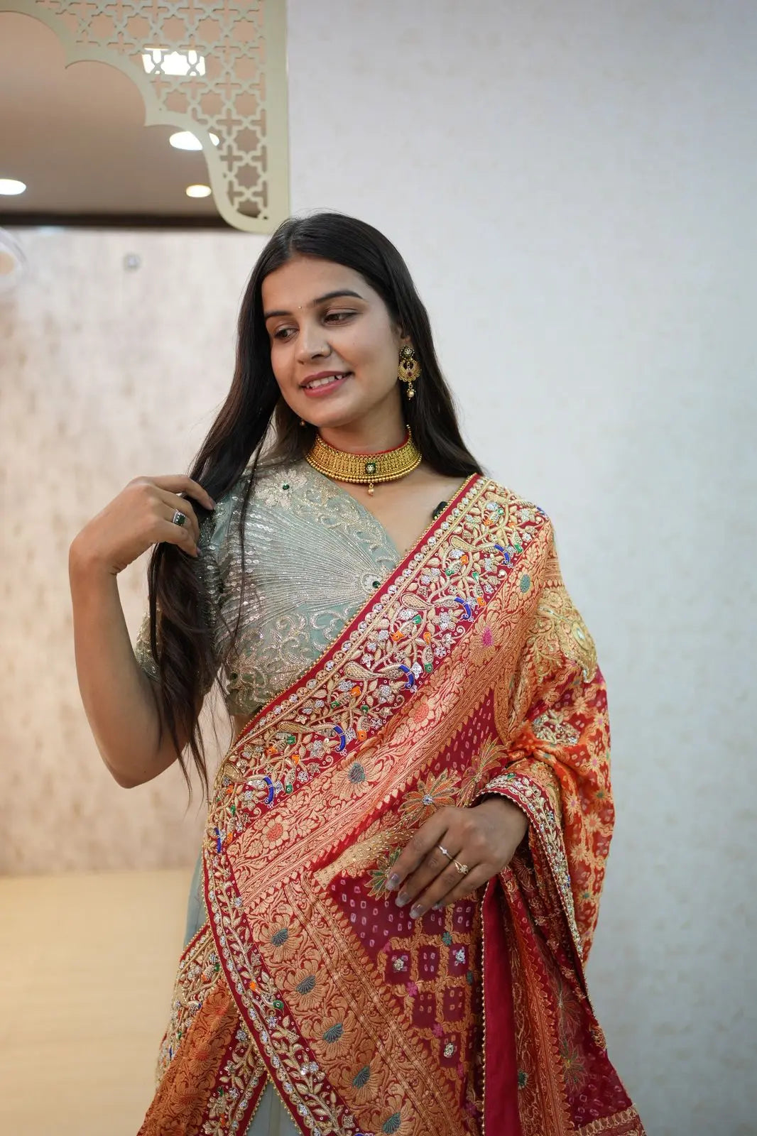 Pila Bandhani Dupatta with Heavy Zari & Embroidery Work