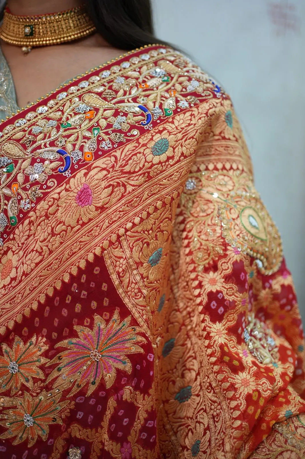 Pila Bandhani Dupatta with Heavy Zari & Embroidery Work