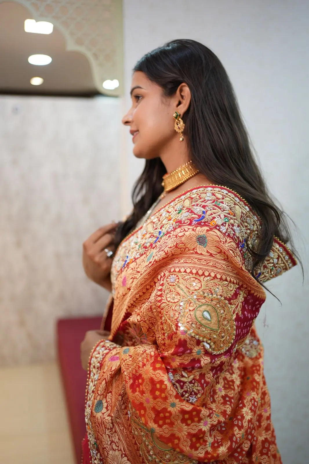 Pila Bandhani Dupatta with Heavy Zari & Embroidery Work