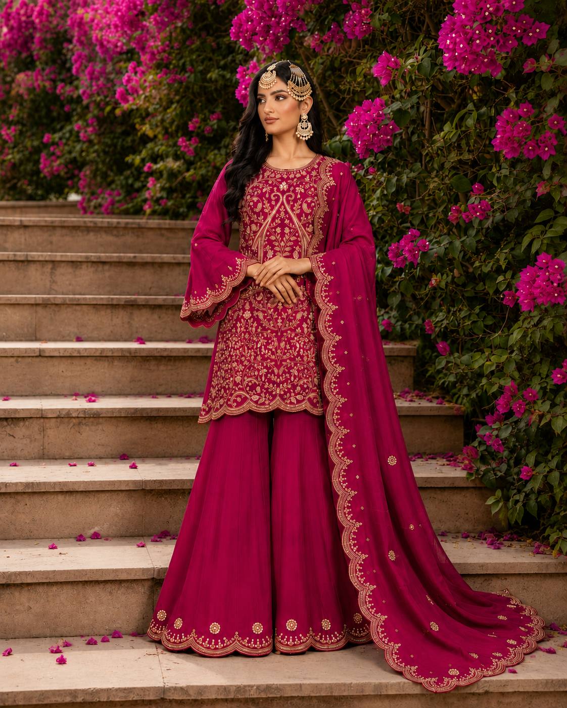 Designer Vichitra Silk Ethnic Set with Embroidered Plazzo & Dupatta