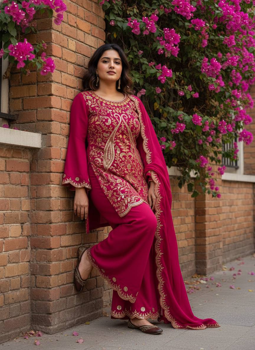 Designer Vichitra Silk Ethnic Set with Embroidered Plazzo & Dupatta
