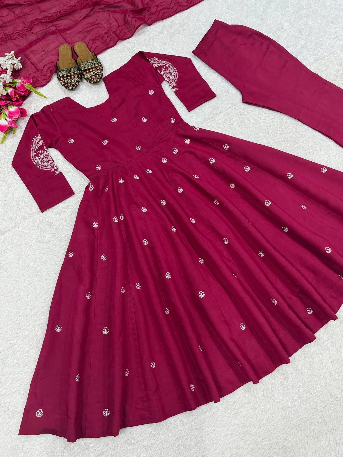 Elegant Embroidered Roman Silk Anarkali Palazzo Suit Set