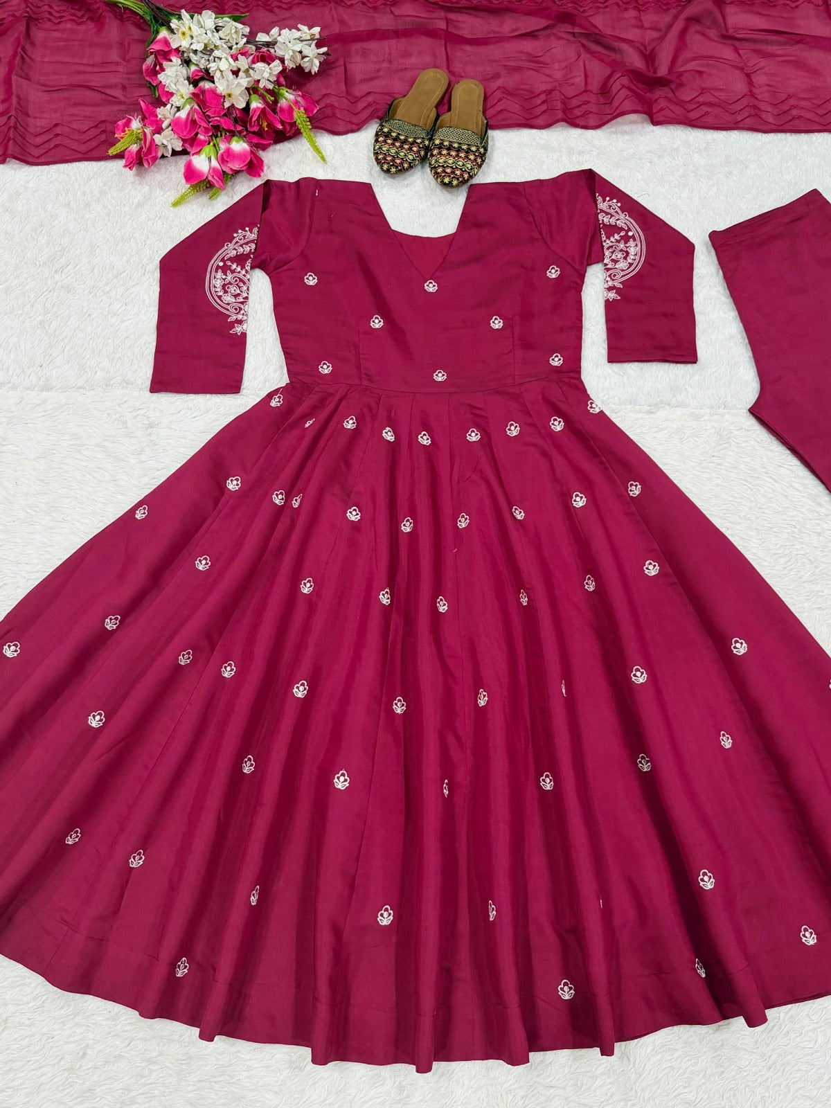 Elegant Embroidered Roman Silk Anarkali Palazzo Suit Set