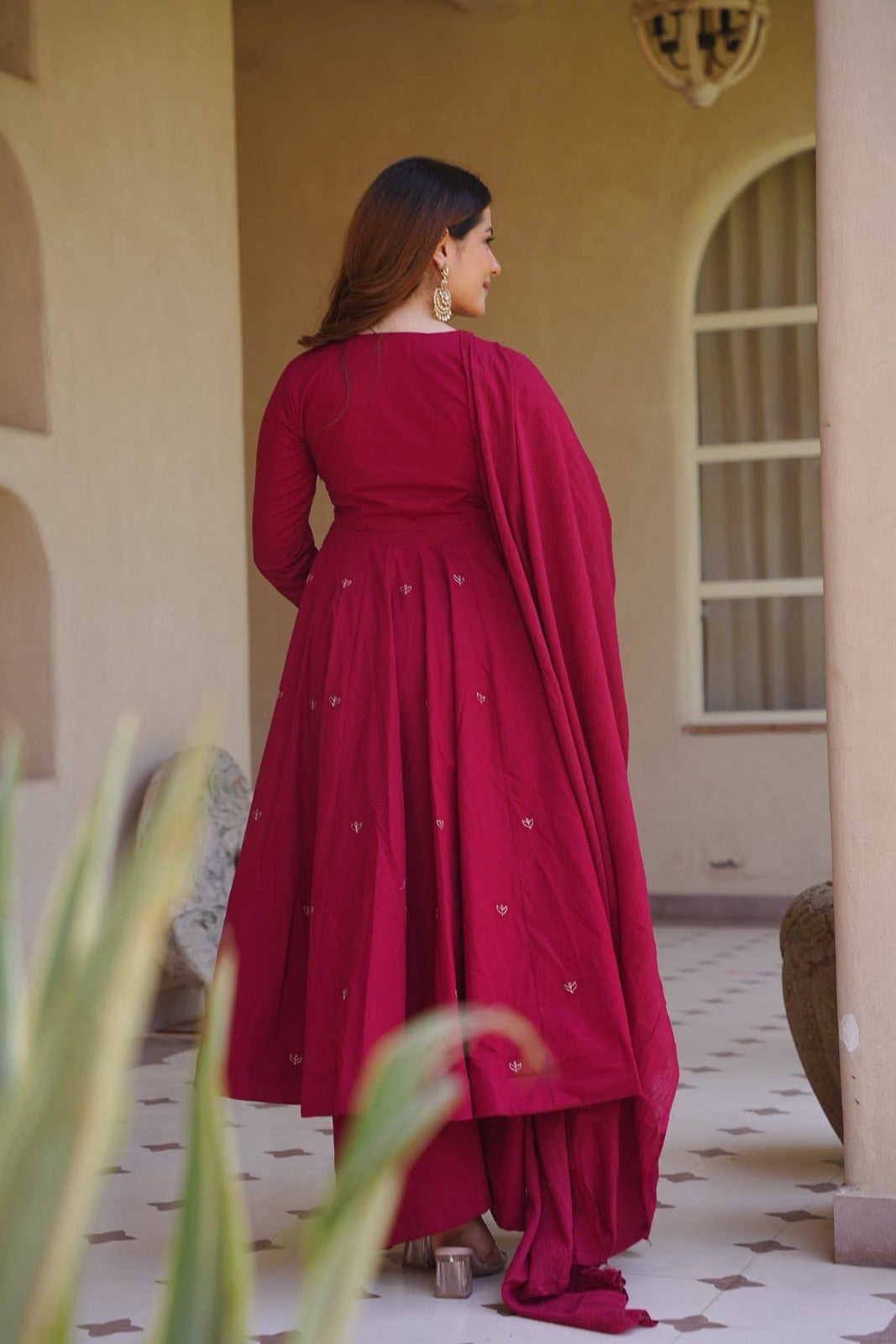 Elegant Embroidered Roman Silk Anarkali Palazzo Suit Set