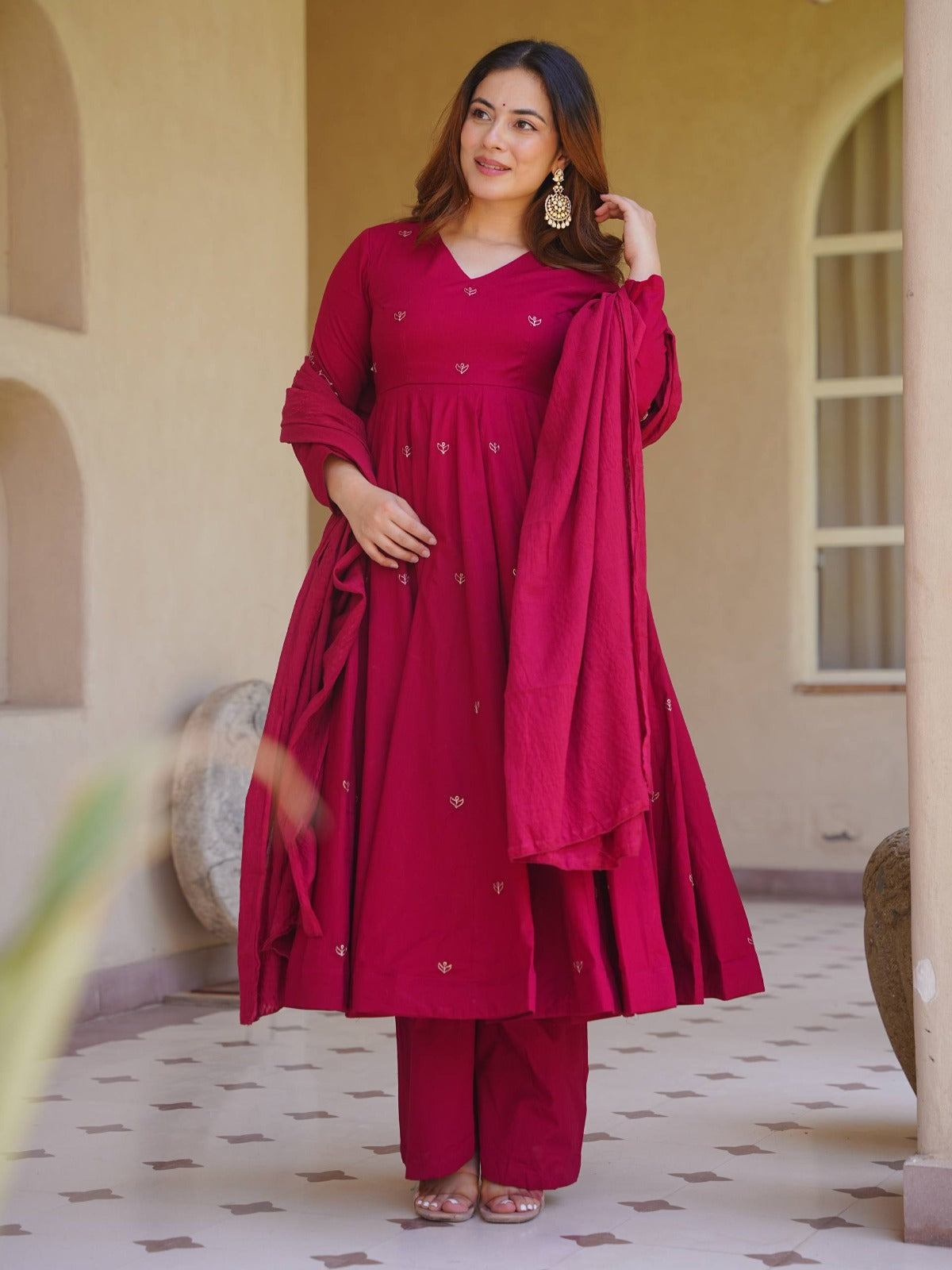 Elegant Embroidered Roman Silk Anarkali Palazzo Suit Set
