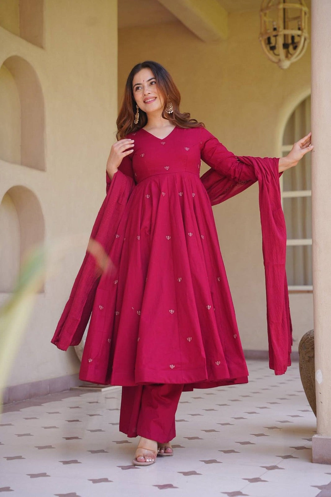 Elegant Embroidered Roman Silk Anarkali Palazzo Suit Set