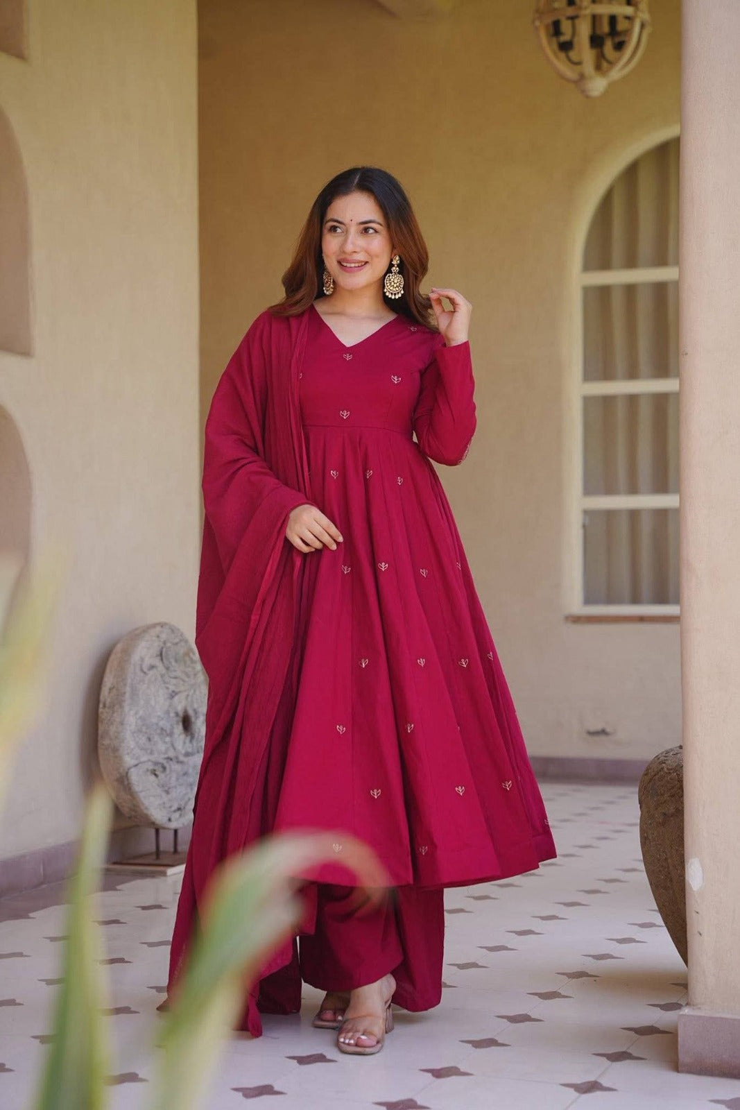 Elegant Embroidered Roman Silk Anarkali Palazzo Suit Set