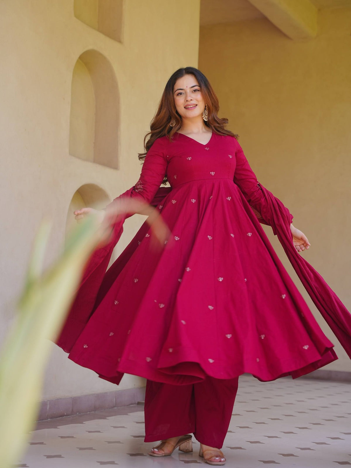 Elegant Embroidered Roman Silk Anarkali Palazzo Suit Set