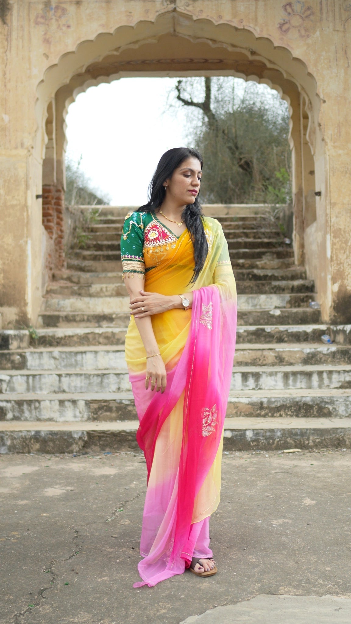 Hand Bandhej Rajasthani Kacha Gota Patti Work Angi Blouse