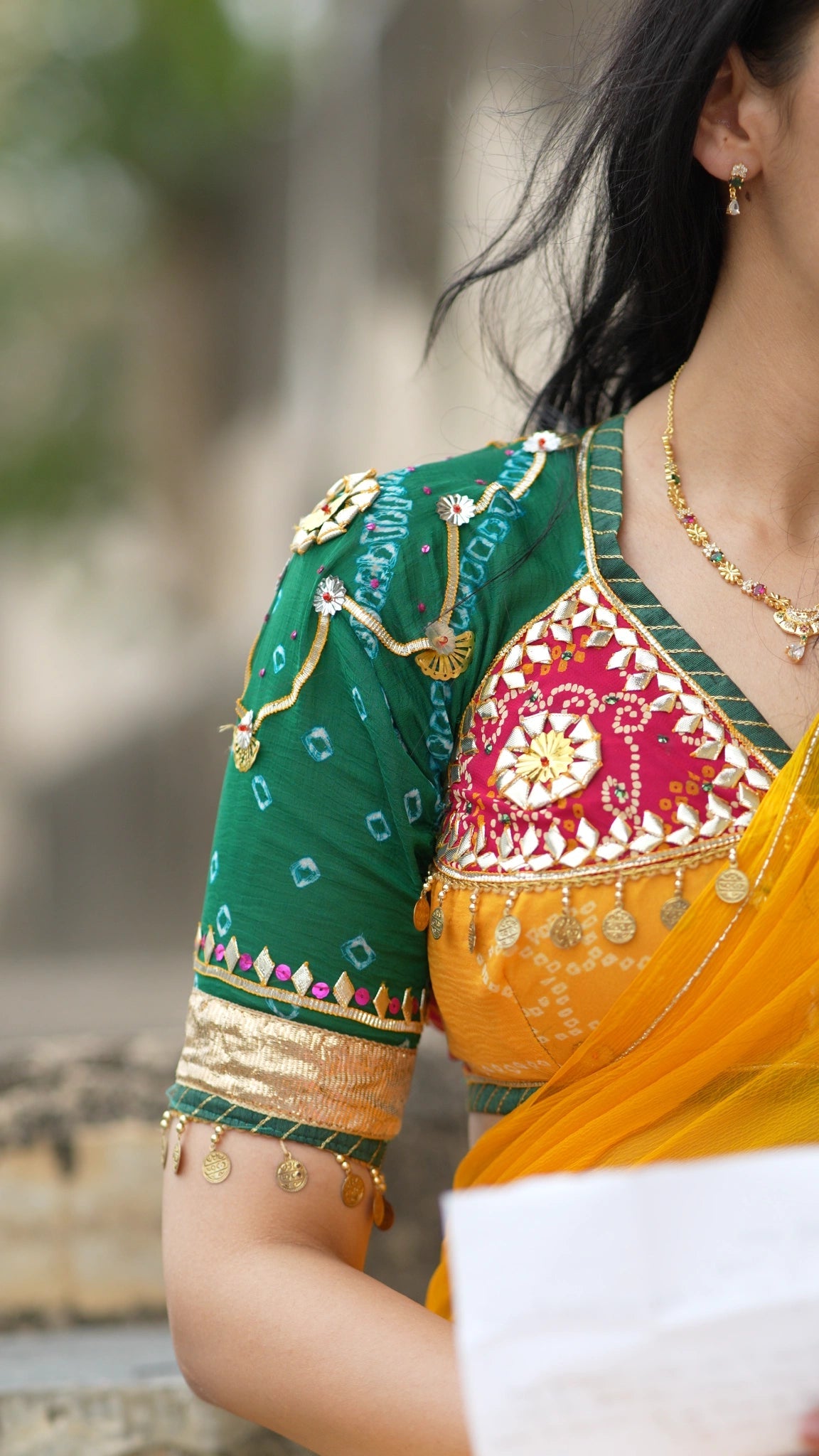 Hand Bandhej Rajasthani Kacha Gota Patti Work Angi Blouse
