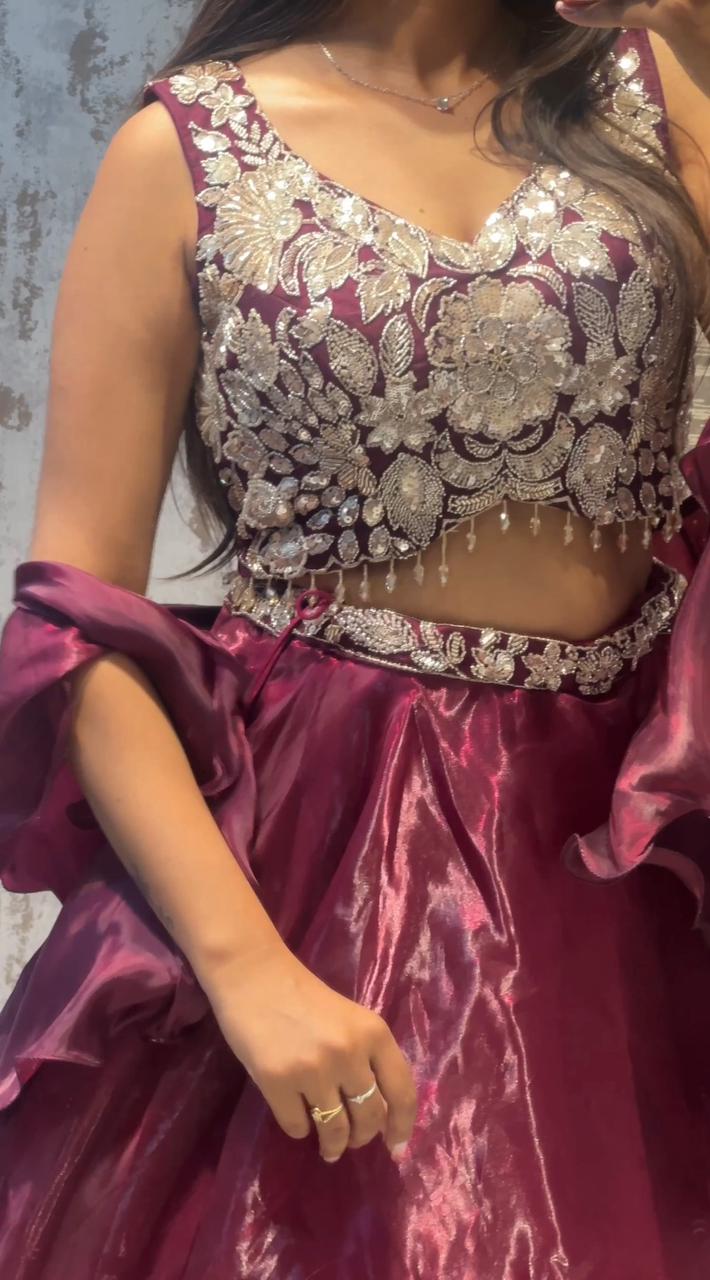 Luxury Wine Color Designer Lehenga Choli with Heavy Embroidery – Party & Wedding Wear