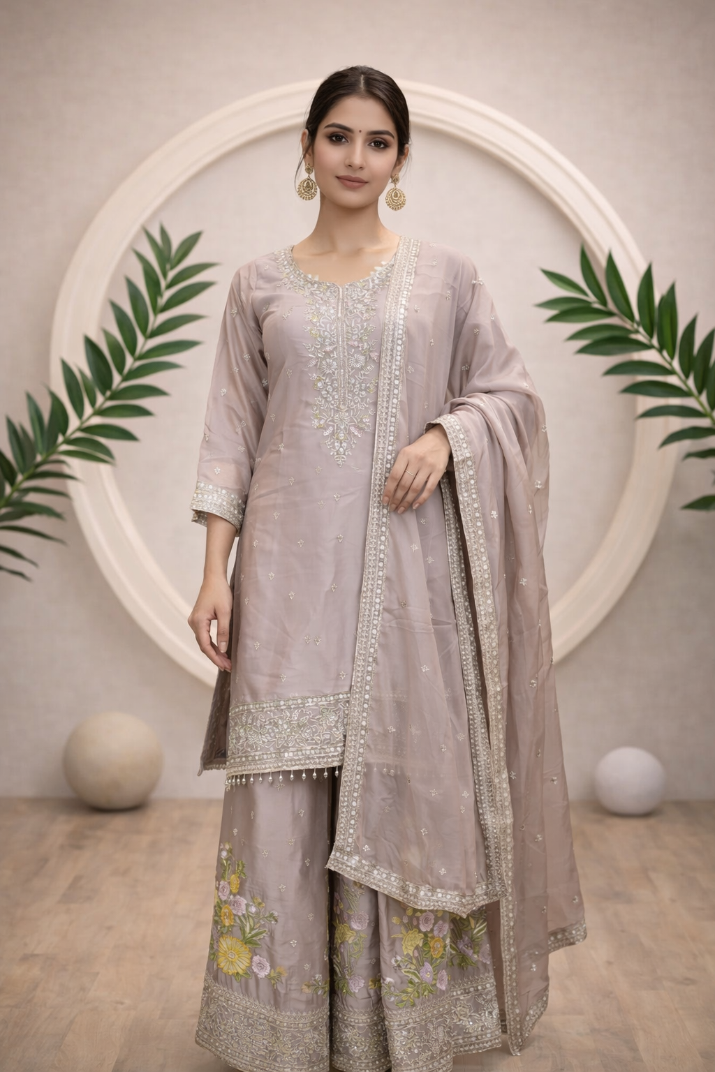 Elegant Mauve Embroidered Suit Set with Floral Palazzo & Dupatta