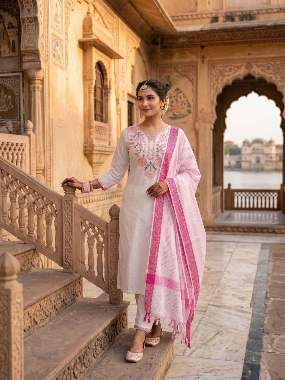 Pure Khadi Cotton Embroidered Kurti Pant Set with Elegant Tassel Dupatta