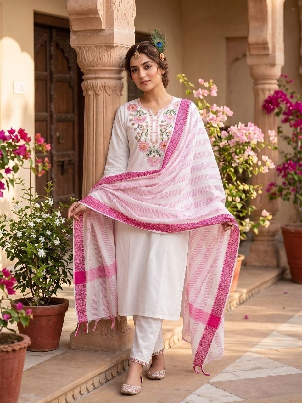 Pure Khadi Cotton Embroidered Kurti Pant Set with Elegant Tassel Dupatta
