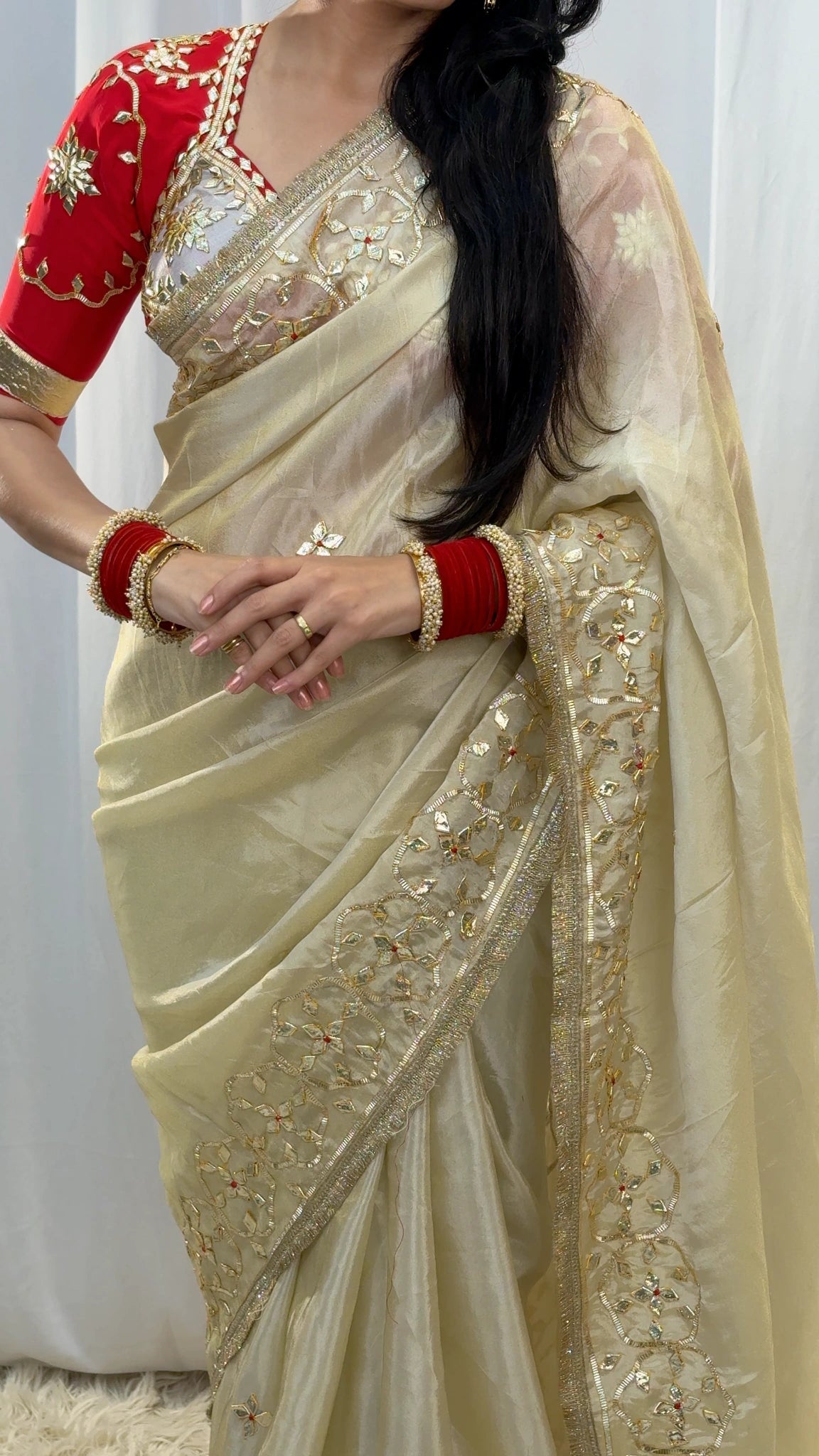 Tissu Fabric Saree with Kacchi Gota Patti Handwork (With Blouse)