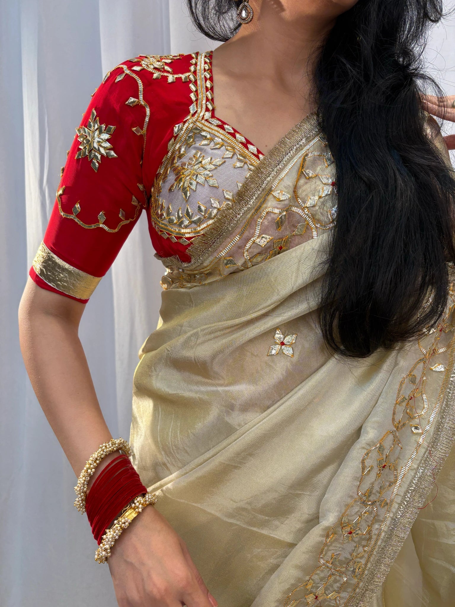 Tissu Fabric Saree with Kacchi Gota Patti Handwork (With Blouse)