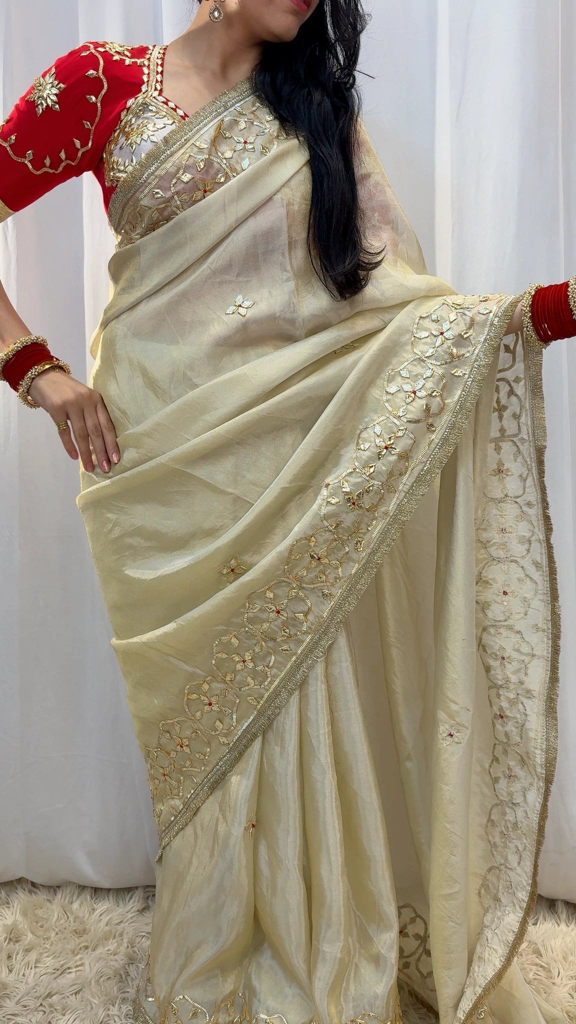 Tissu Fabric Saree with Kacchi Gota Patti Handwork (With Blouse)