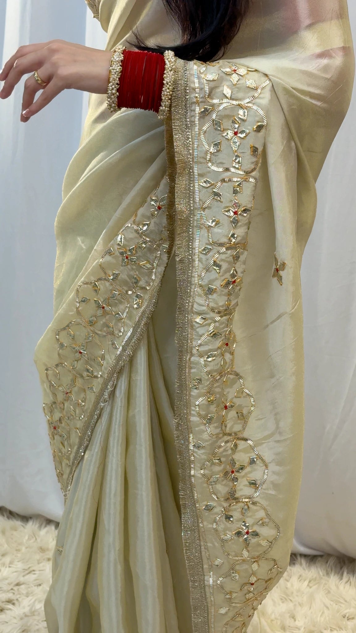 Tissu Fabric Saree with Kacchi Gota Patti Handwork (With Blouse)