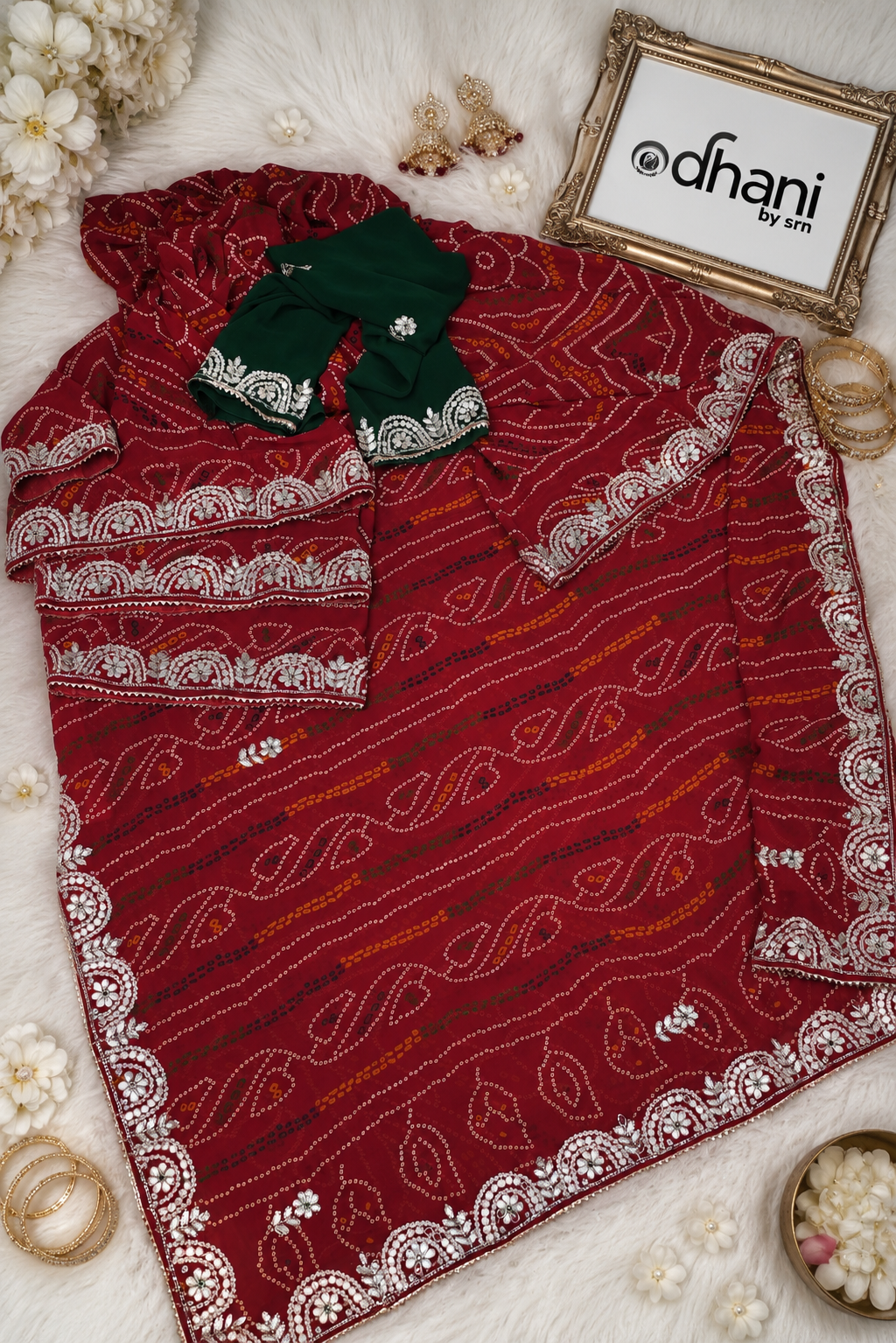 Traditional Rajasthani Bandhani Chunri Saree with Mirror & Cut Dana Handwork (With Blouse)
