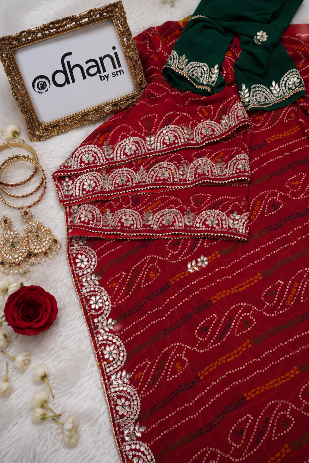 Traditional Rajasthani Bandhani Chunri Saree with Mirror & Cut Dana Handwork (With Blouse)
