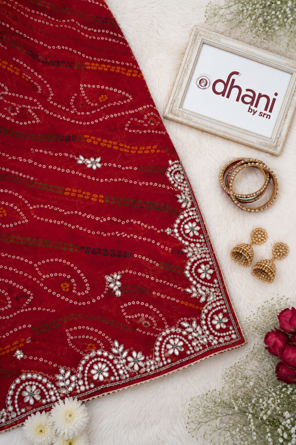 Traditional Rajasthani Bandhani Chunri Saree with Mirror & Cut Dana Handwork (With Blouse)