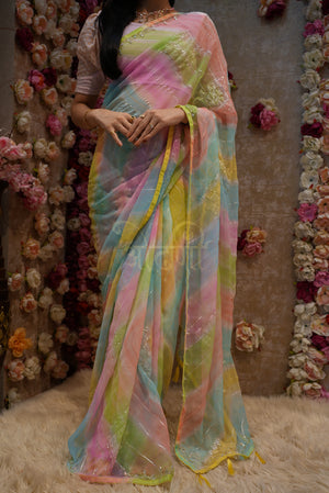 RAJASTHANI PACHRANGI LEHRIYA SAREE WITH CUTDANA WORK ON GEORGETTE FABRIC   ##SR0201