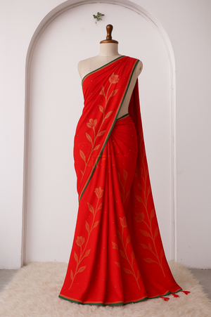 RED SPECIAL SAREE WITH SIROSKI & FOIL WORK ON GEORGETTE FABRIC (WITH BLOUSE)   ##SR0103