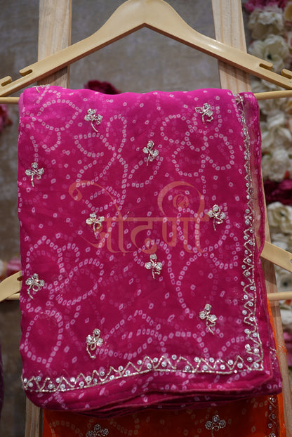 Georgette Fabric Bandhani Saree with Heavy Cutdana Handwork ##SR054
