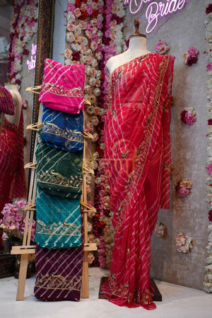RAJPUTI SAREE WITH AARI-TARI WORK IN LEHARIYA & CHUNRI PATTERN  ##SR0168