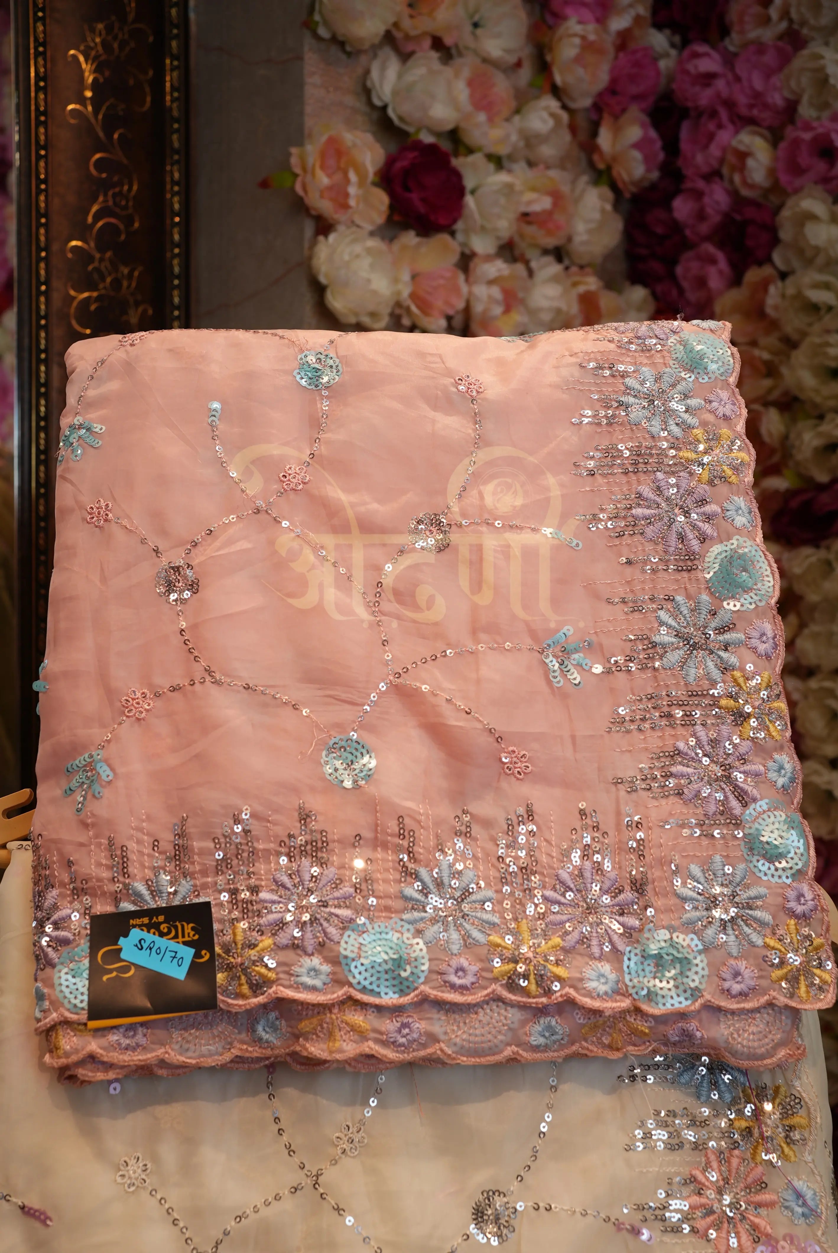 Partywear Saree on Crystal Fabric with Sequence Work & Cutwork Border