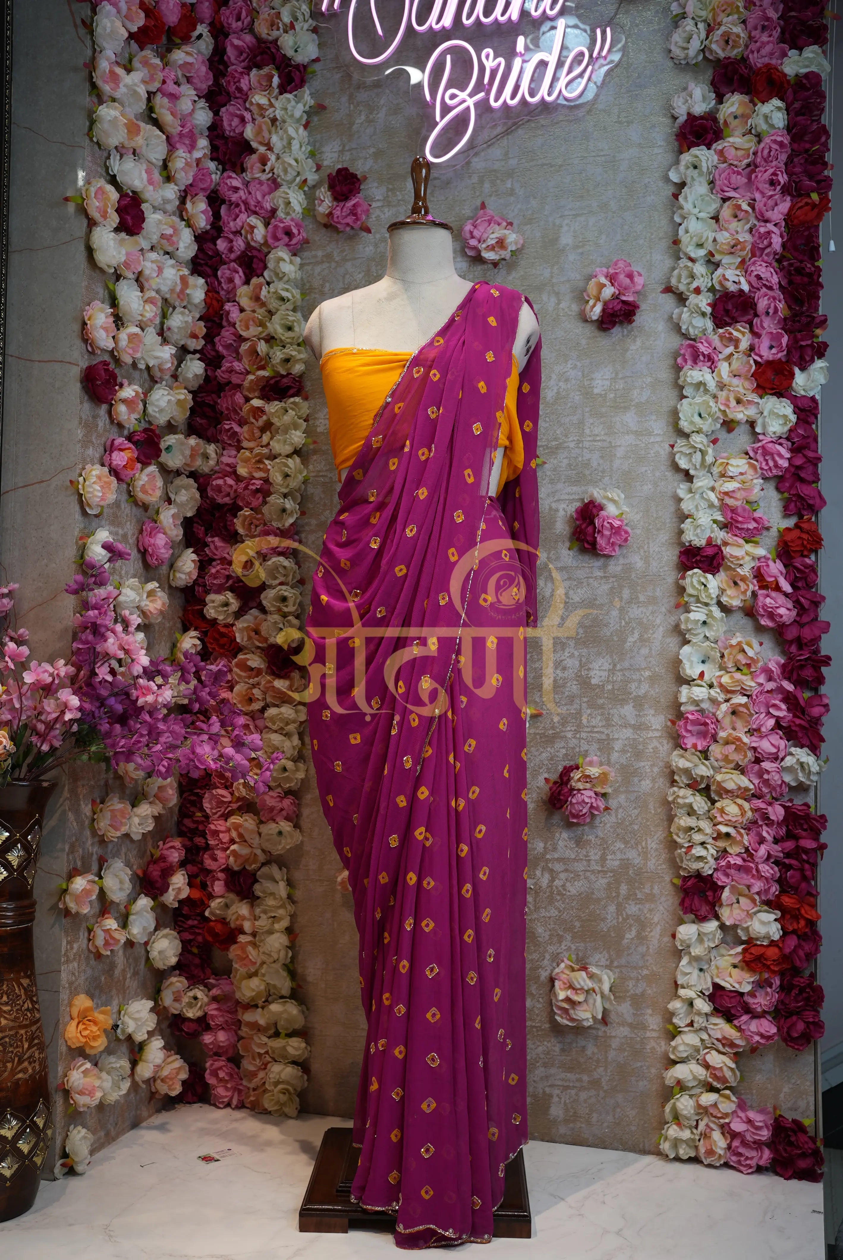 Bundi Bandhej Saree on Chamunda Chiffon Fabric with Cutdana Work