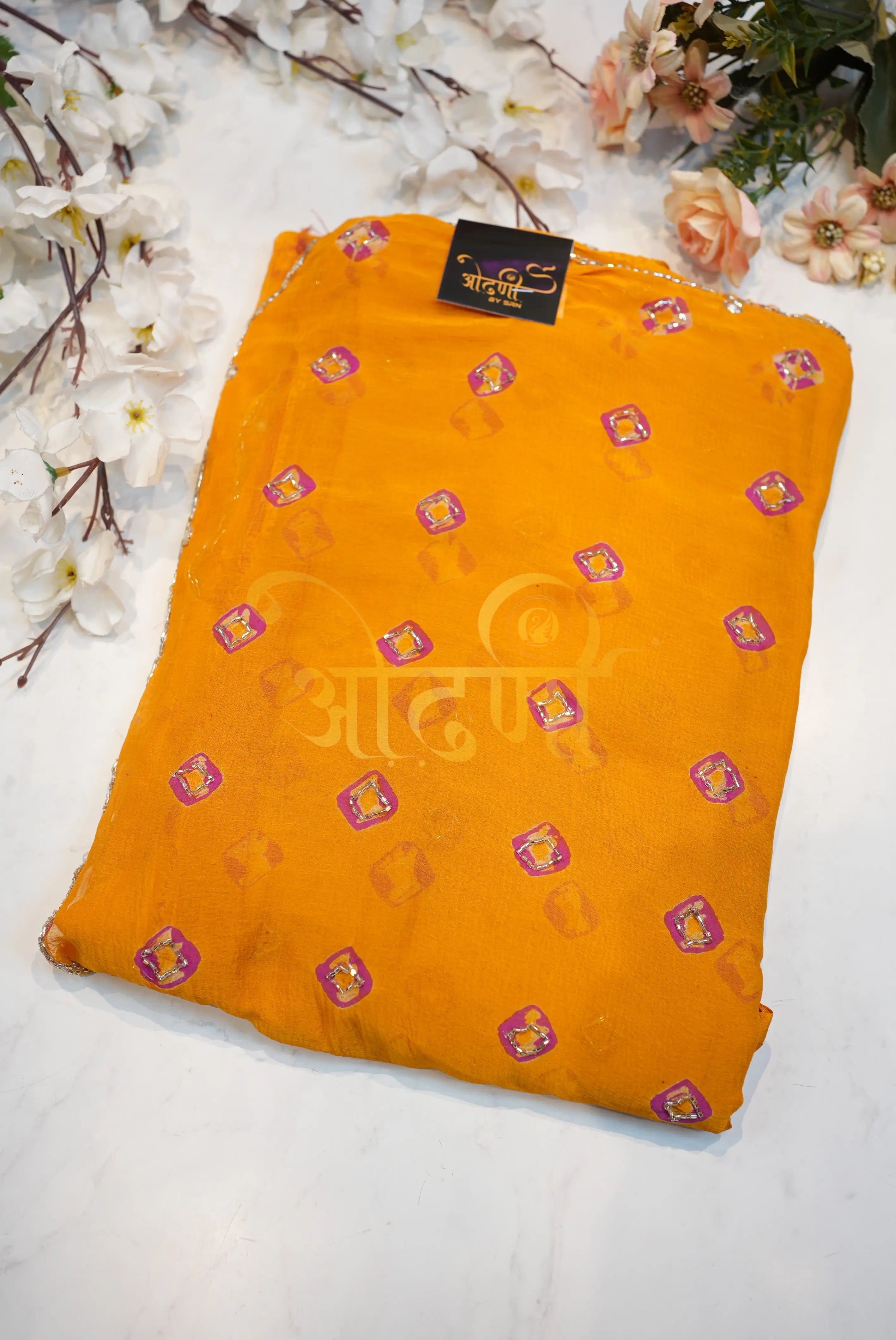 Bundi Bandhej Saree on Chamunda Chiffon Fabric with Cutdana Work