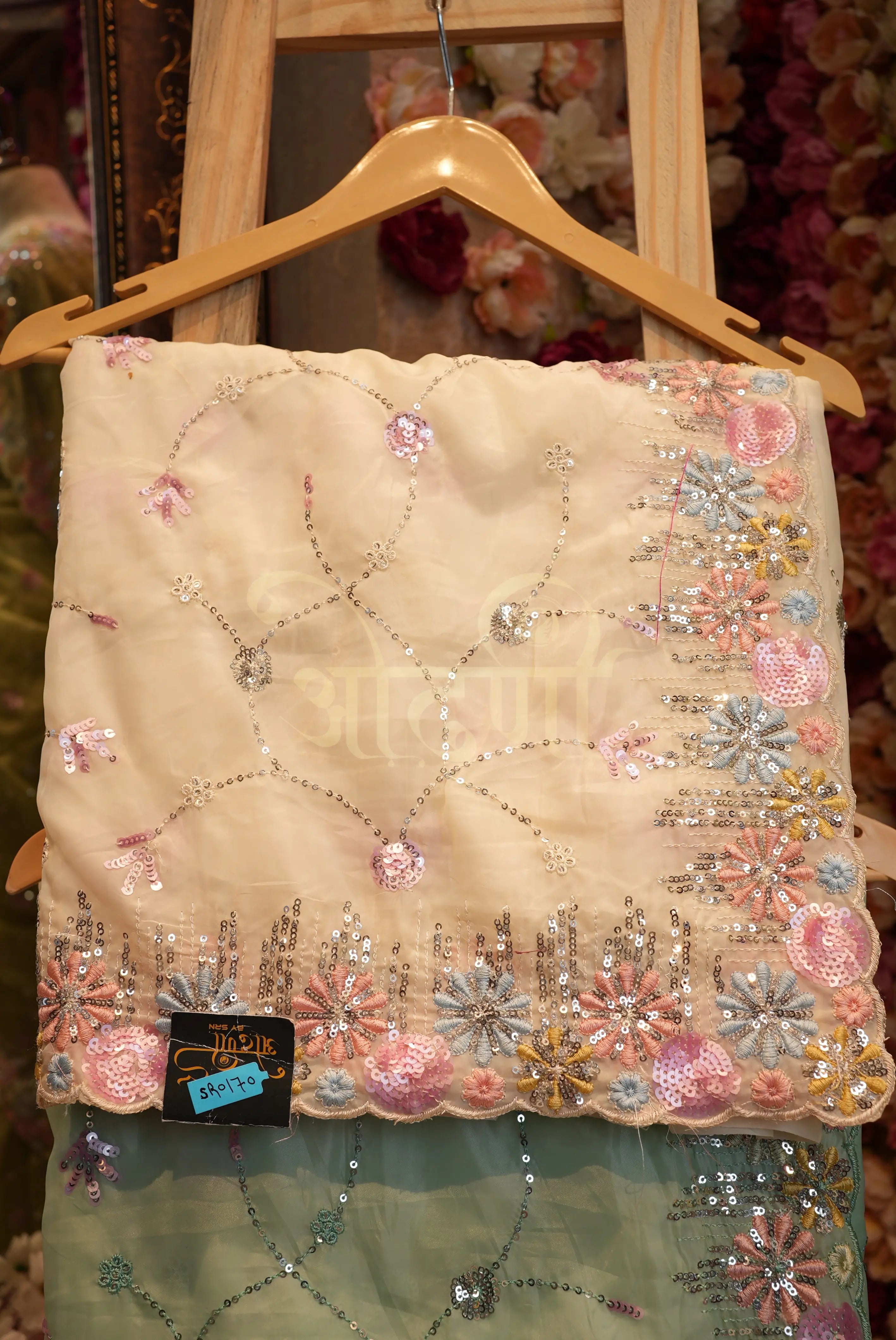 Partywear Saree on Crystal Fabric with Sequence Work & Cutwork Border