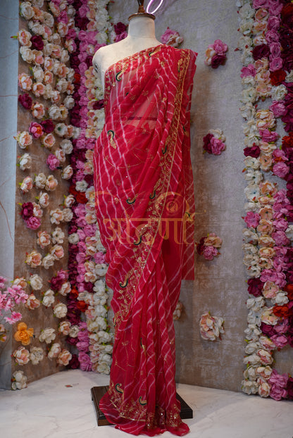 RAJPUTI SAREE WITH AARI-TARI WORK IN LEHARIYA & CHUNRI PATTERN  ##SR0168