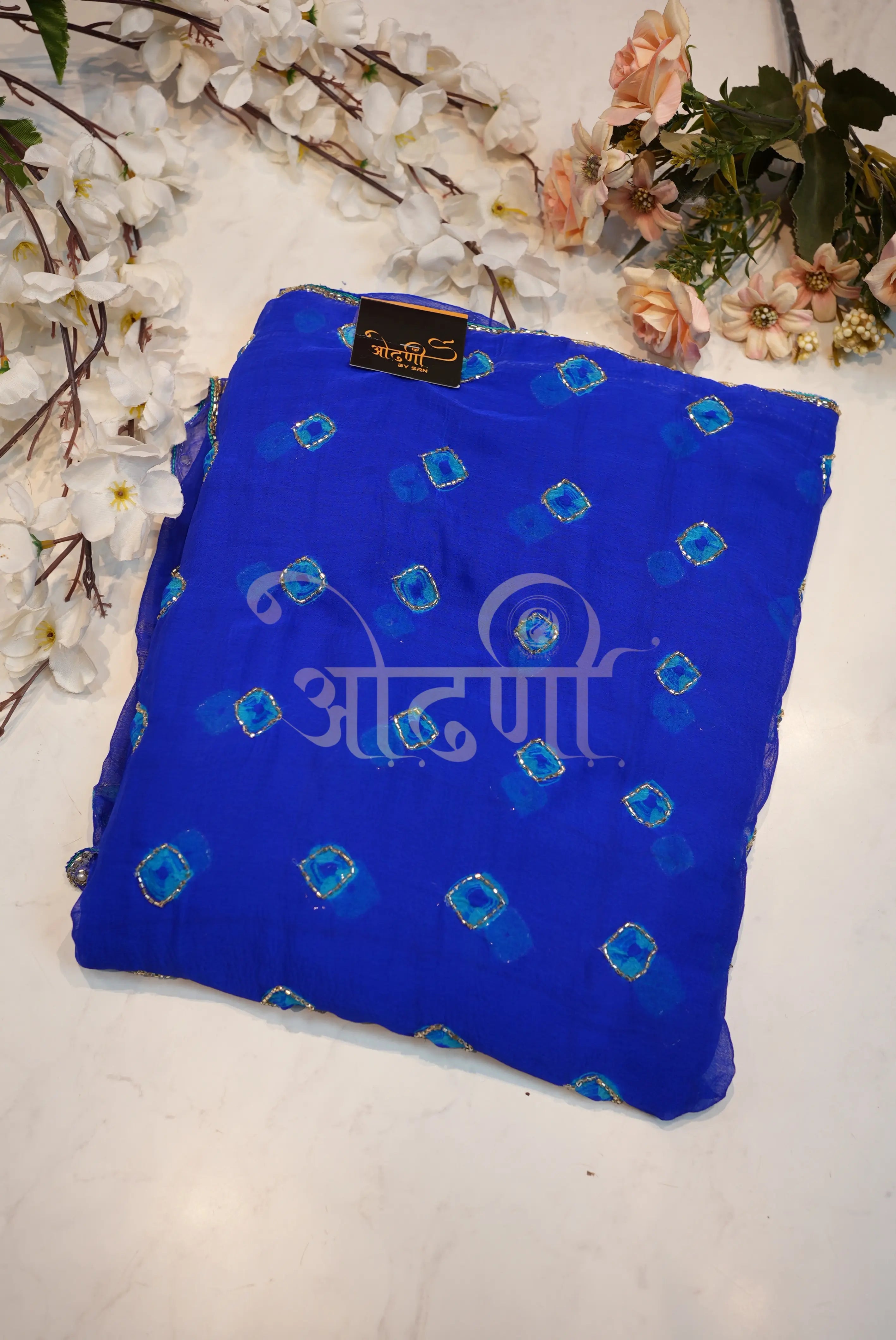 Bundi Bandhej Saree on Chamunda Chiffon Fabric with Cutdana Work