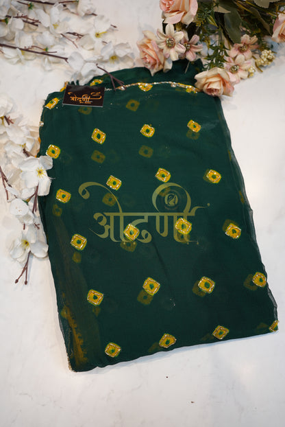 BUNDI BANDHEJ SAREE ON CHAMUNDA CHIFFON FABRIC WITH CUTDANA WORK   ##SR167