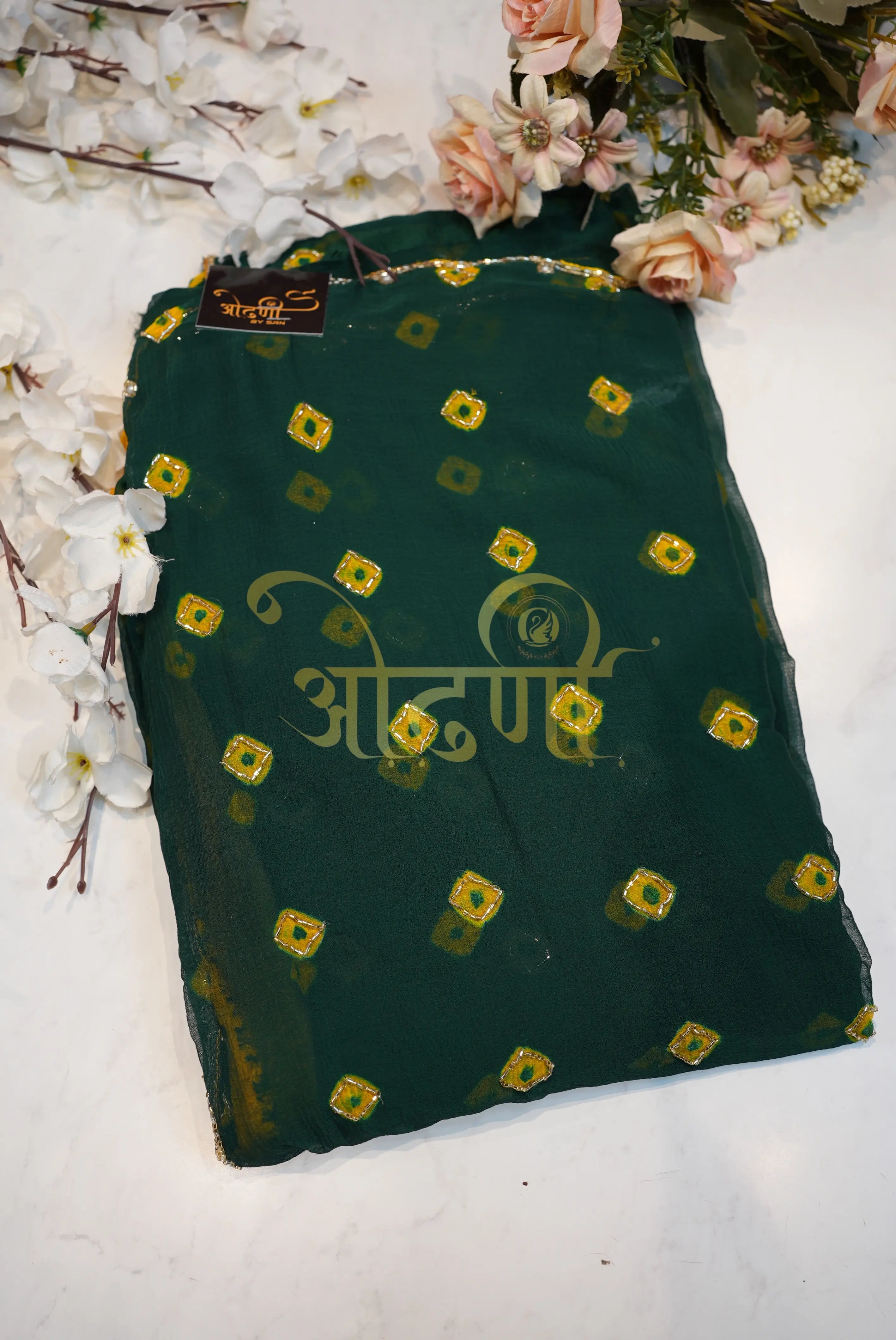 Bundi Bandhej Saree on Chamunda Chiffon Fabric with Cutdana Work