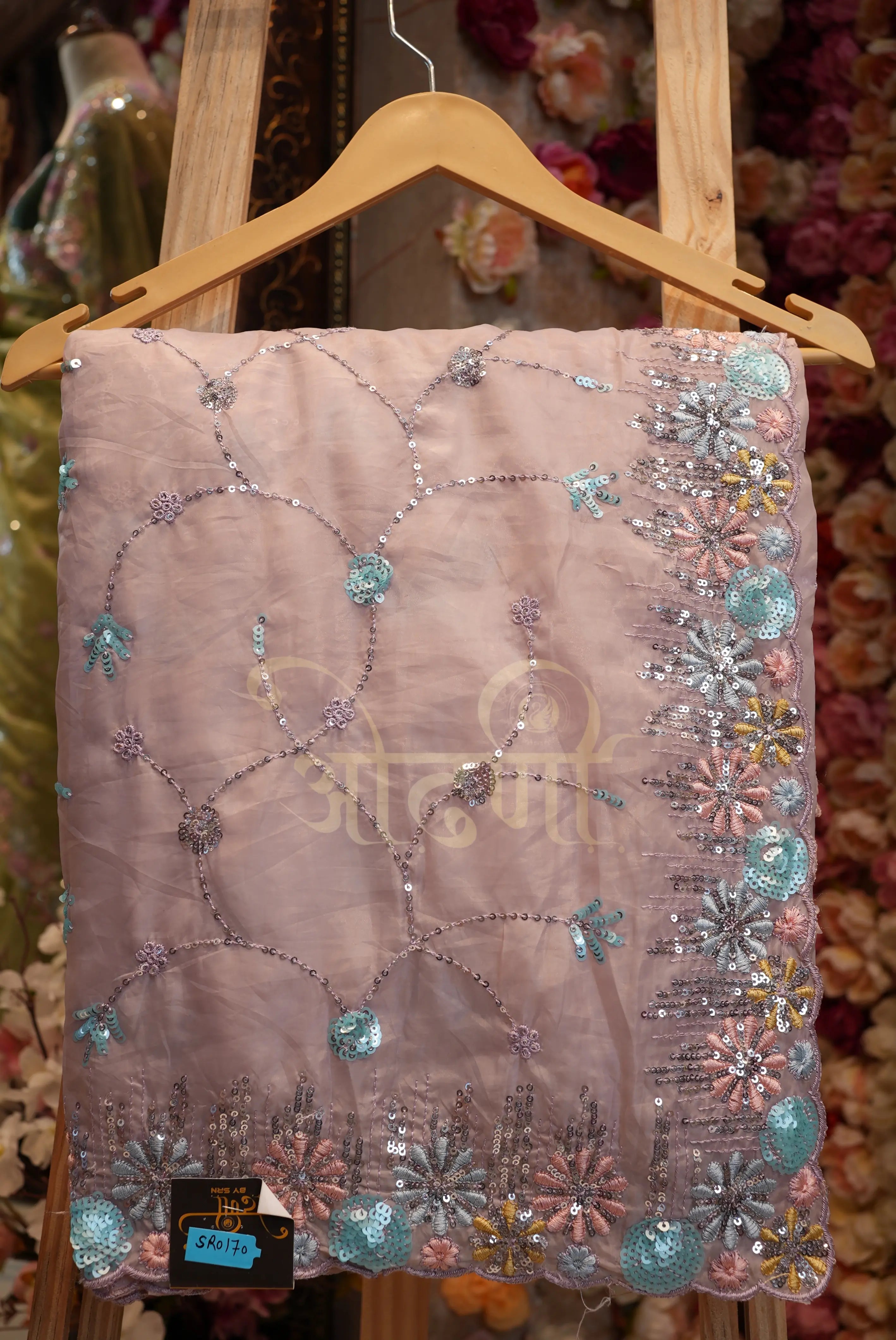 Partywear Saree on Crystal Fabric with Sequence Work & Cutwork Border
